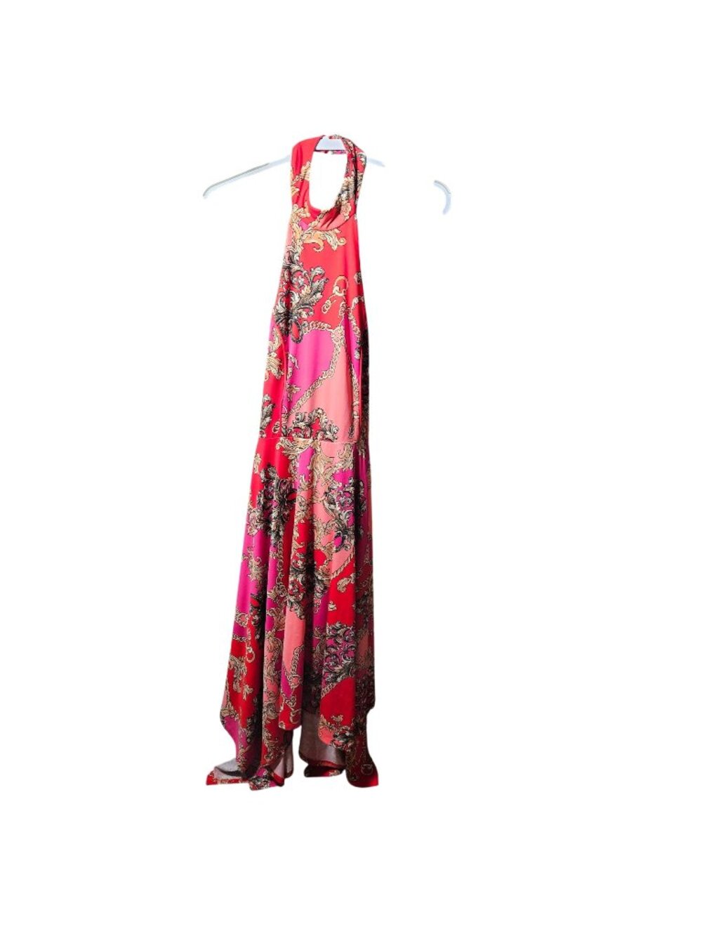 Red & Pink Halter Maxi Dress With Ornate Chain & Floral Print